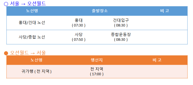 오션월드 셔틀버스 노선, 가격, 예약방법