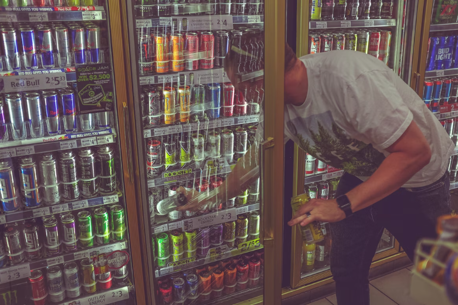편의점에서 에너지 드링크를 구매하는 사람