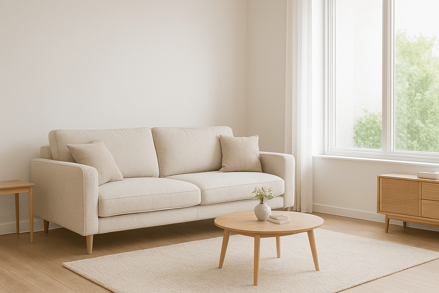 측면 벽에 배치된 소파와 창을 마주보는 구조의 미니멀한 거실 인테리어