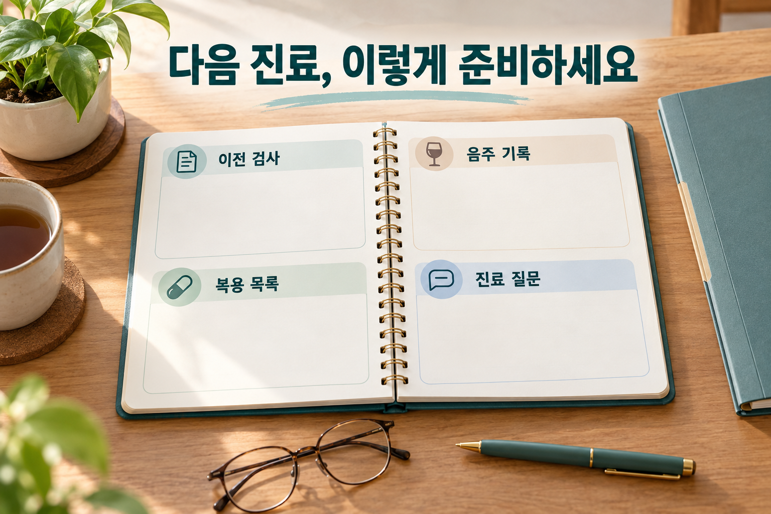 이전 검사&middot;음주 기록&middot;복용 목록&middot;진료 질문 네 제목이 적힌 빈 준비 노트