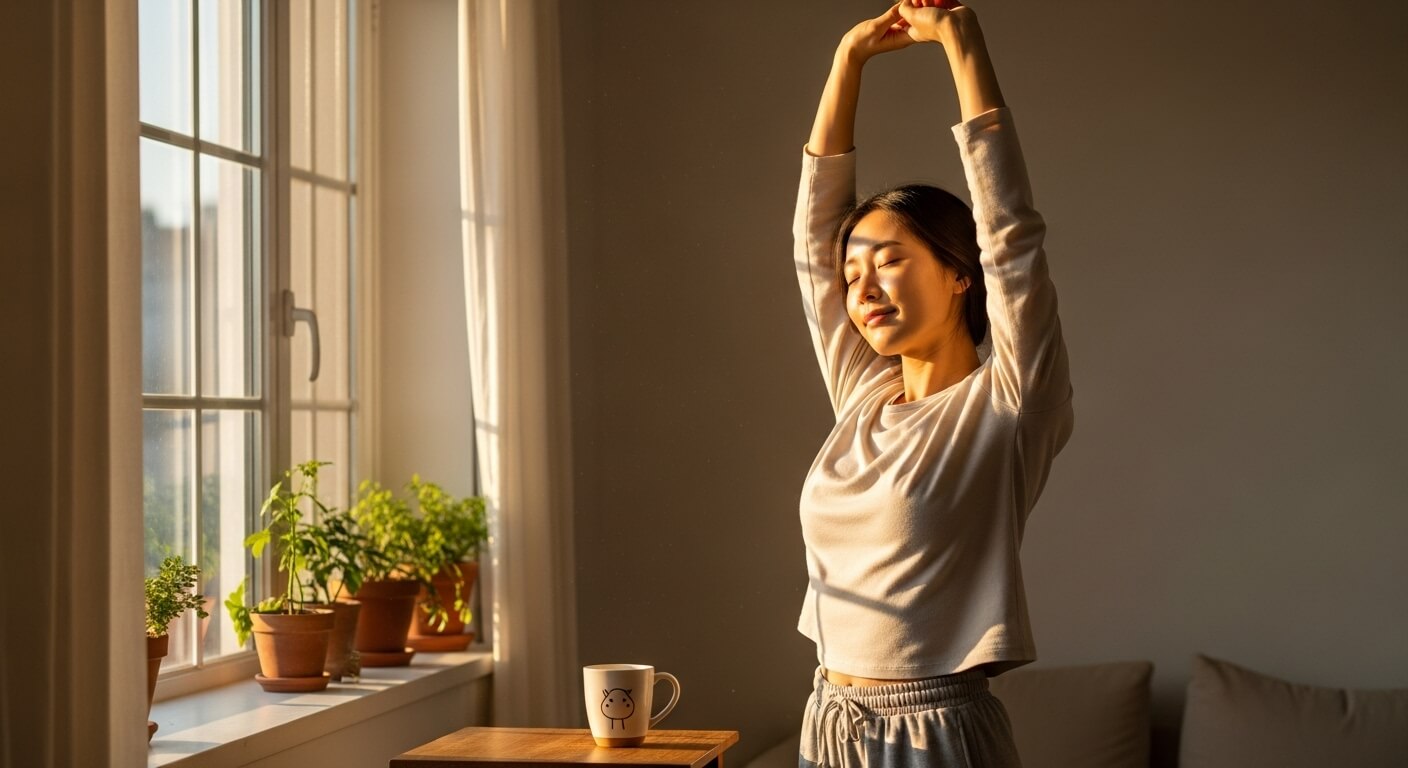아침 햇살이 비추는 창가에서 여유롭게 기지개를 켜는 사람의 모습