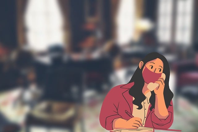 마스크를 낀 여성이 통화하는 그림