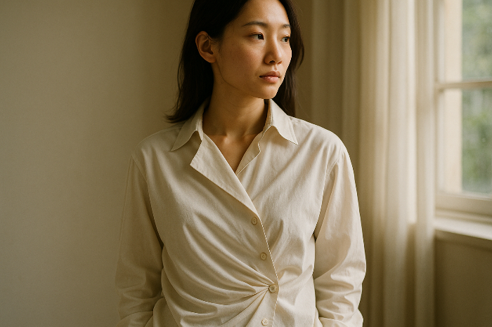 드레이핑으로 긴장을 낮춘 비대칭 셔츠