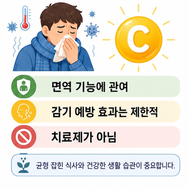비타민 C는 정상적인 면역 기능에 관여하지만 감기를 확실하게 예방하거나 치료하는 것은 아님을 보여주는 그림