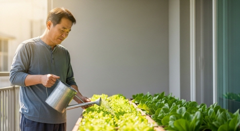 베란다에서 상추에 물을 주는 중년 남성