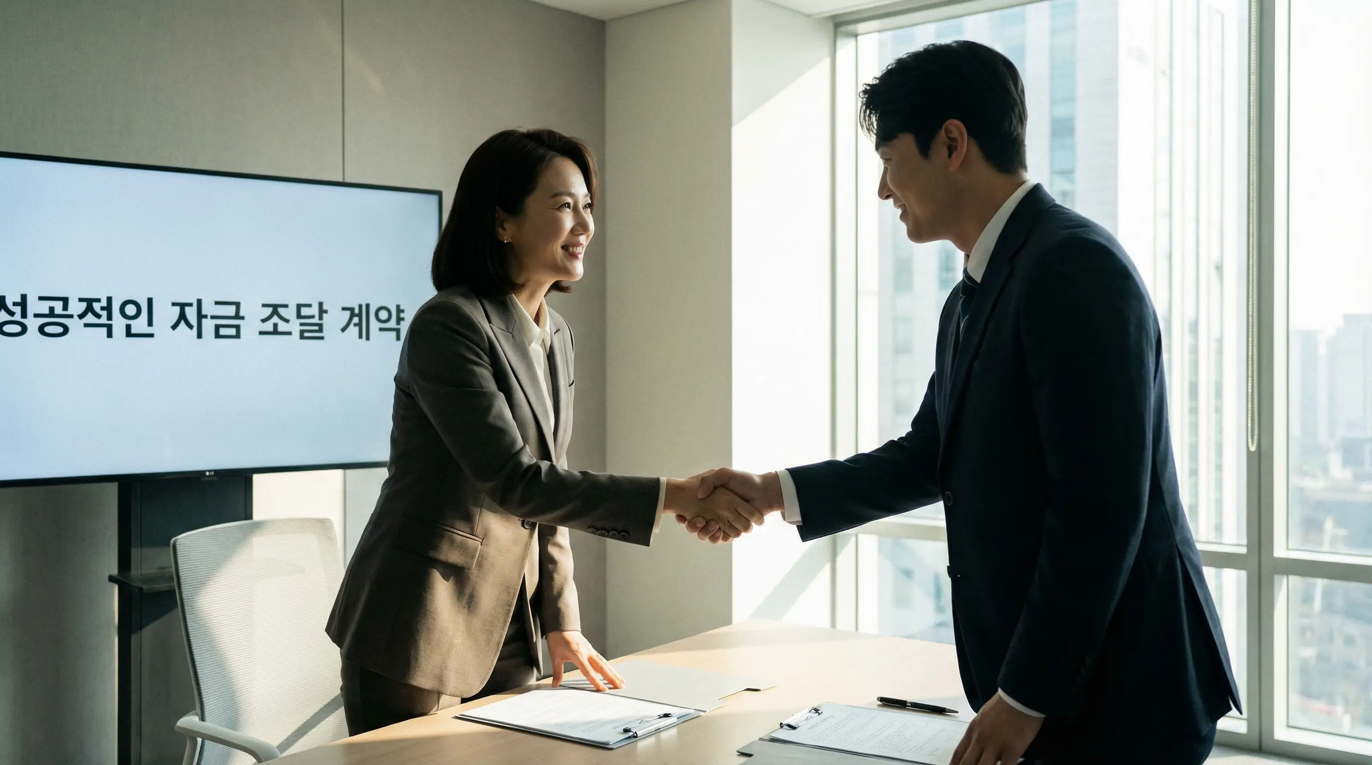 성공적인 자금 조달 계약을 마치고 은행 지점장과 악수하며 미소 짓는 법인 대표의 신뢰감 있는 모습
