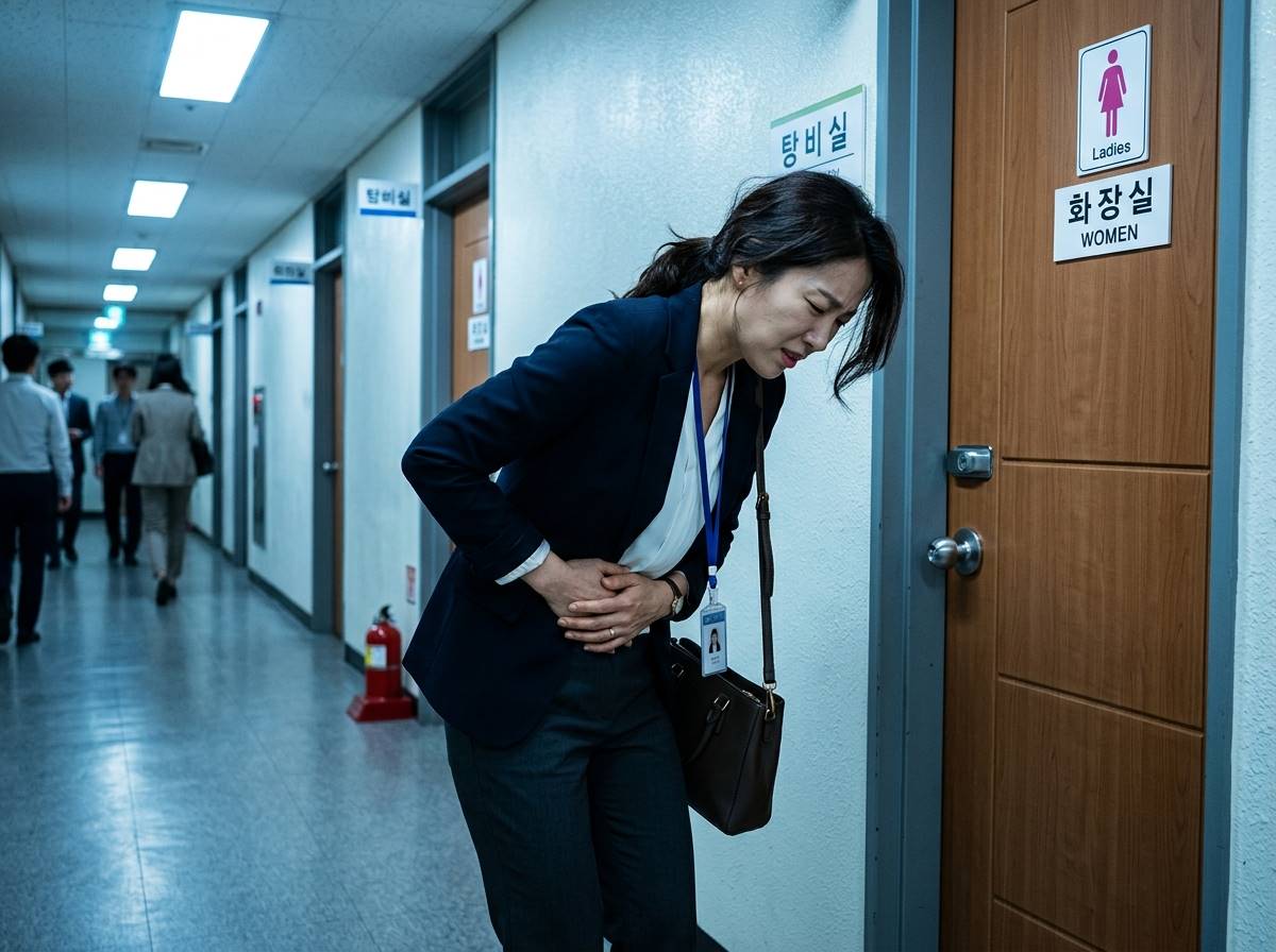 사무실 화장실 앞에서 배를 감싸 쥐고 고통스러워하는 30대 여성 직장인 측면 모습