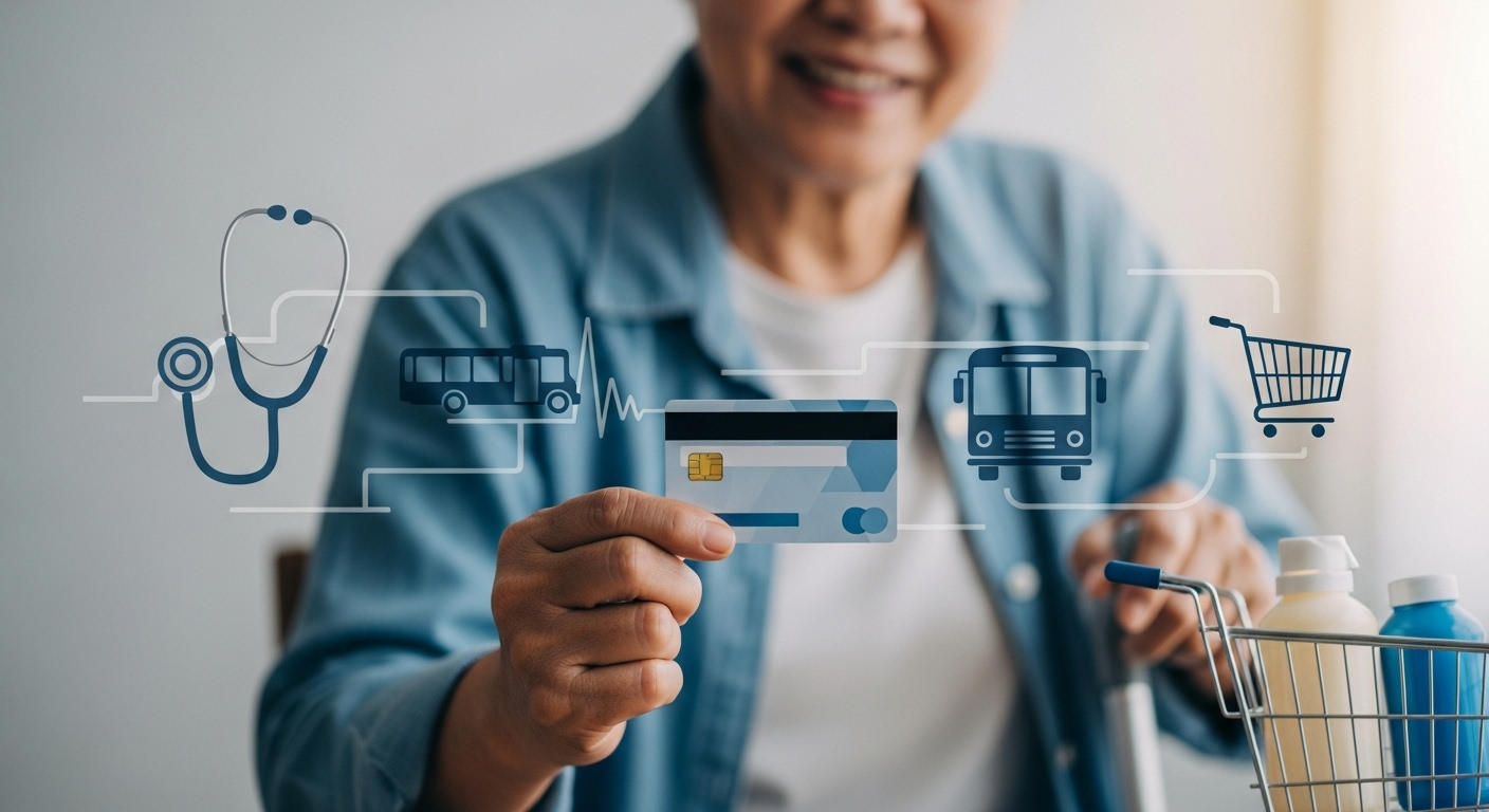 산재연금수급자를 위한 하나카드 전용카드를 미소 지으며 들고 있는 사람과 그 뒤로 보이는 병원, 대중교통, 마트 이미지가 어우러진 모습.