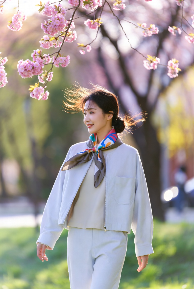 화사한 봄 햇살 아래 스카프를 두르고 미소 짓는 여성의 모습