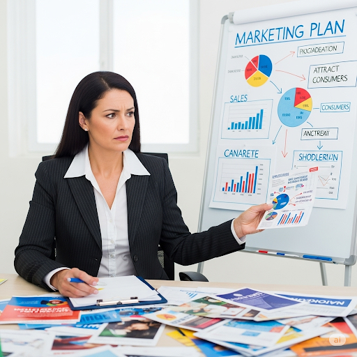 "애터미 사업의 효과적인 마케팅 전략을 고민하며 아이디어를 정리하는 여성 사업가의 모습. 끊임없이 배우고 성장하며 최고의 결과를 만들려는 열정이 느껴집니다. #애터미마케팅 #사업전략 #고민과성장"