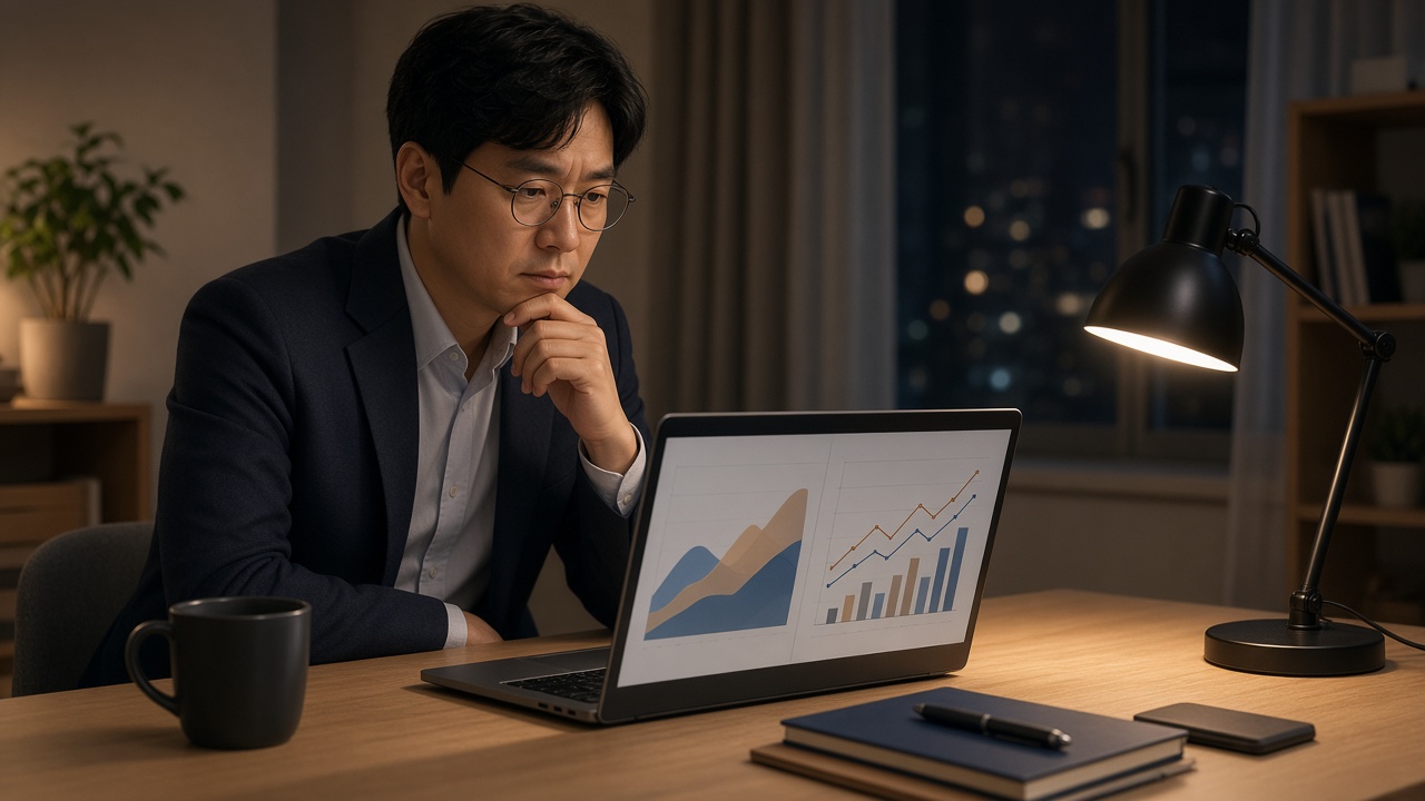 두 가지 ETF 투자 화면을 노트북으로 나란히 비교하는 30대 한국인 남성 직장인