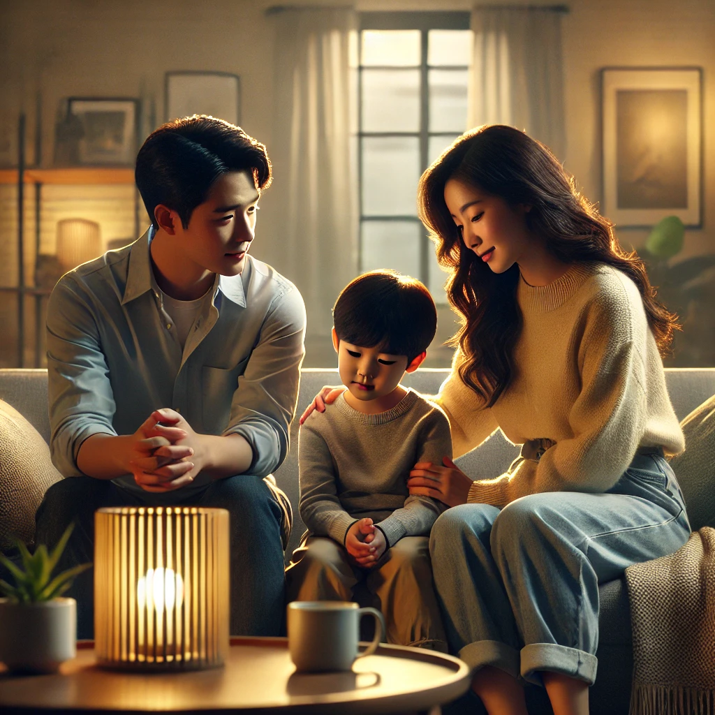 부모가 실패를 두려워하지 말라고 격려하며 아이를 위로하는 모습을 따뜻하고 사실적으로 묘사하고 있습니다. 부모의 사랑과 지지가 강조된 아늑한 거실에서의 장면이 담겨 있습니다.