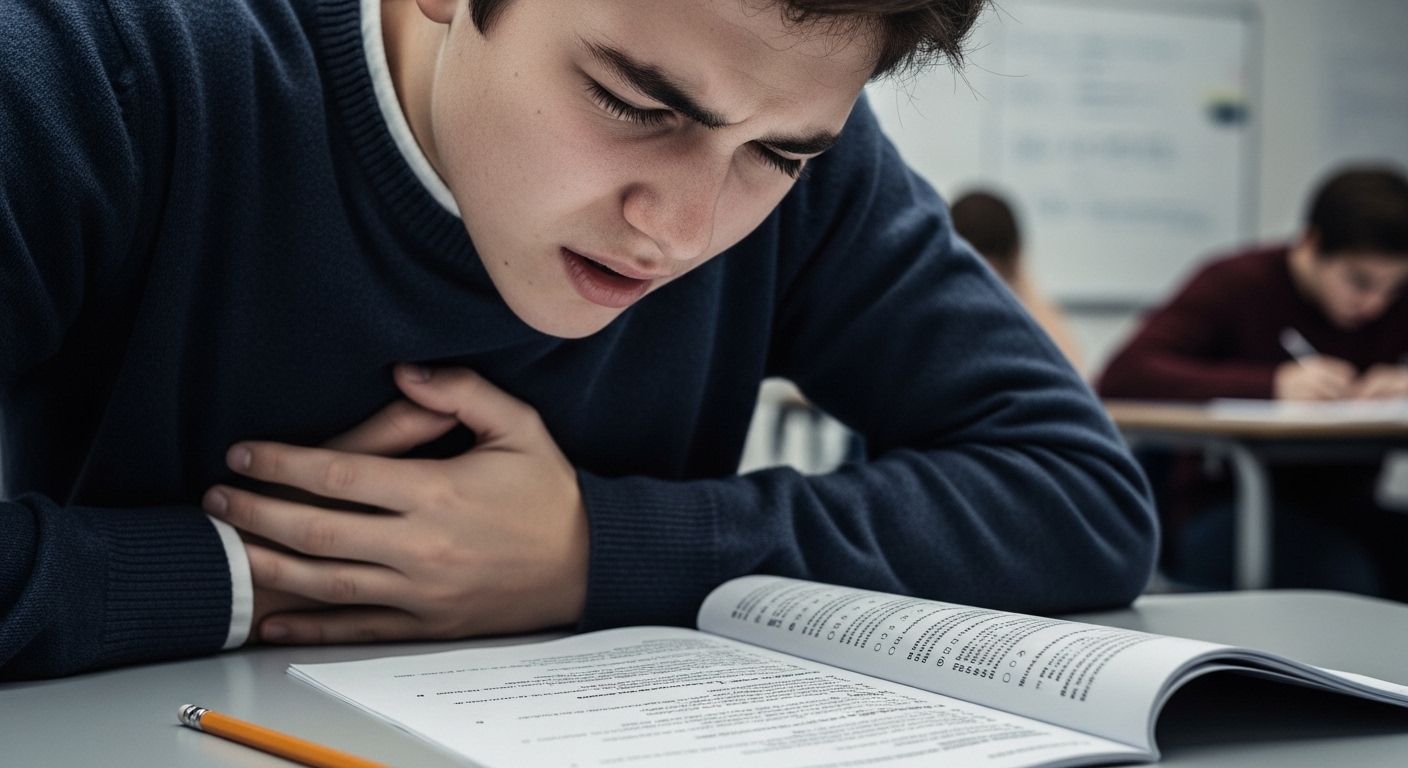 수능 시험 중 속쓰림이나 소화 불량으로 괴로워하는 학생의 모습