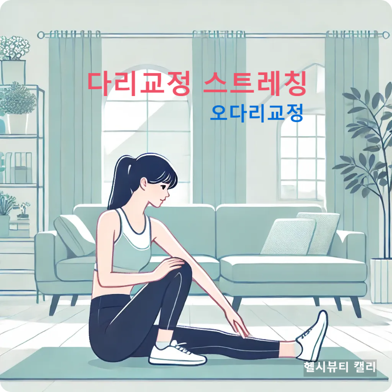 집에서 다리 스트레칭 운동을 하는 한국 여성의 깔끔한 일러스트