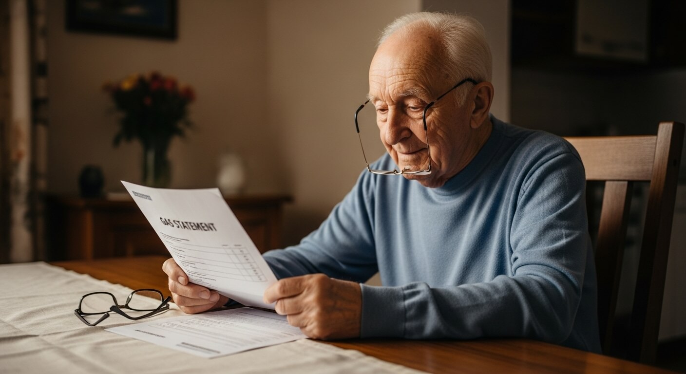 식탁에서 도시가스 요금 고지서를 확인하는 노인