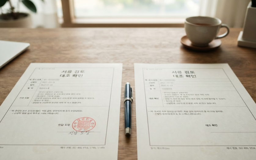 서류 검토·대조 확인 서식이 놓인 책상 위에 도장과 만년필이 있는 모습