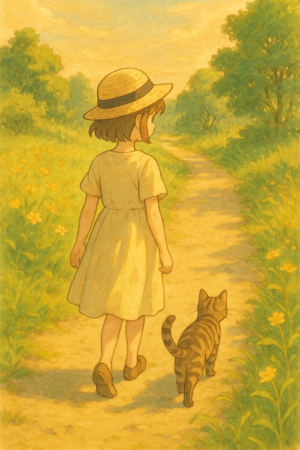 지브리 스타일의 시골길을 걷는 소녀와 고양이, 햇살 가득한 평화로운 배경 일러스트