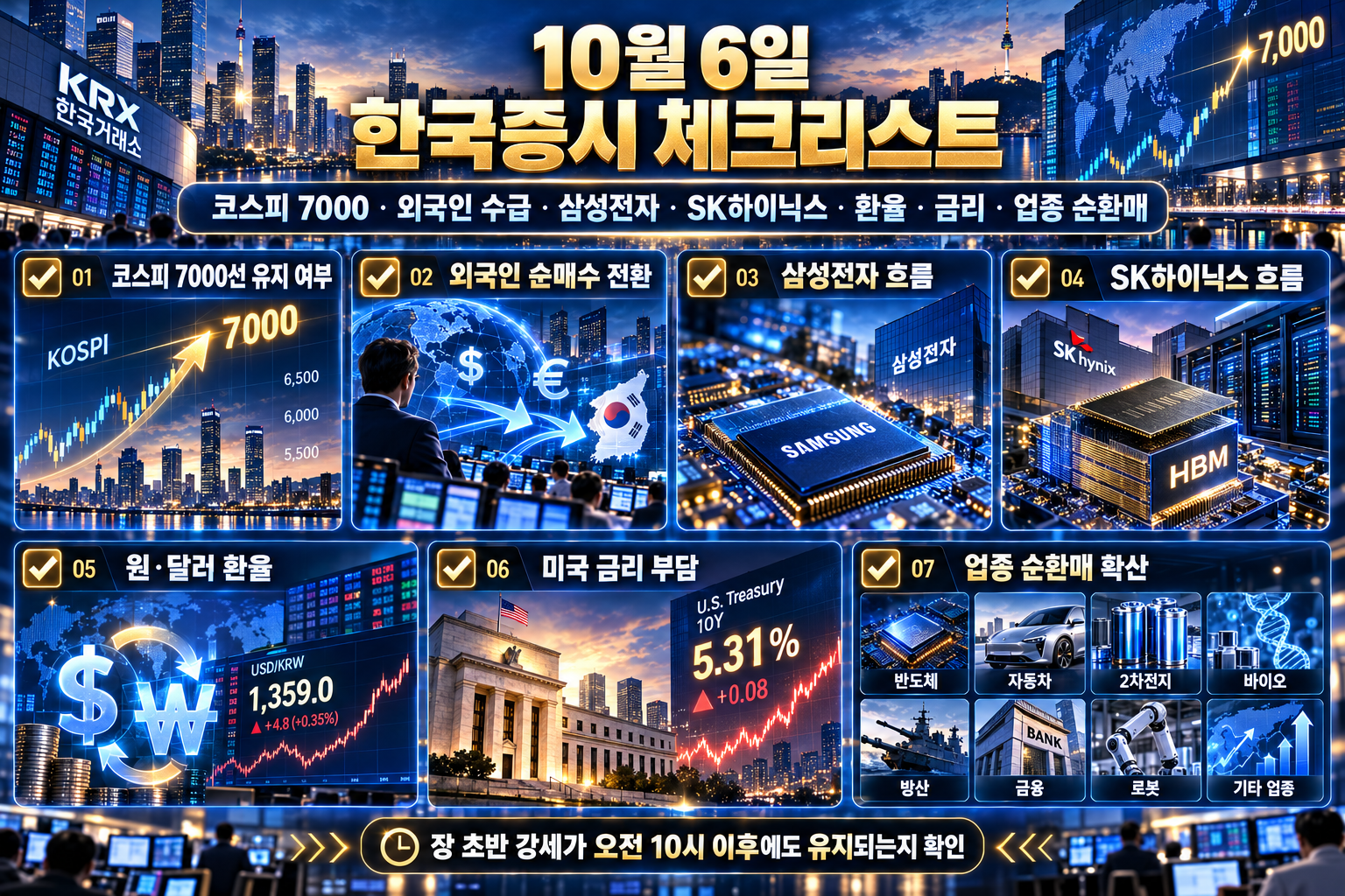 10월 6일 한국증시에서 확인할 코스피 7000 외국인 수급 삼성전자 SK하이닉스 환율 금리 업종 순환매 체크리스트