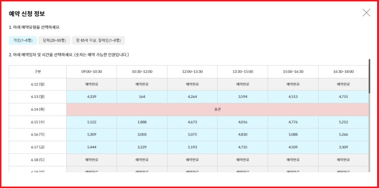 예약 신청일 및 시간대를 선택하여 신청합니다. 단, 퇴장시 재입실은 불가한 점 참고하세요.