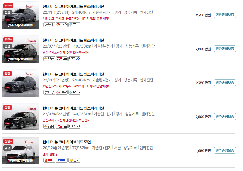 현대 코나 중고차 가격 시세표 유지비