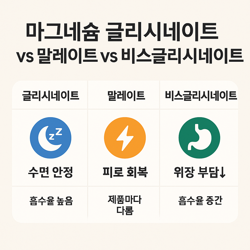마그네슘 종류 글리시네이트 vs 말레이트 vs 비스글리시네이트 비교