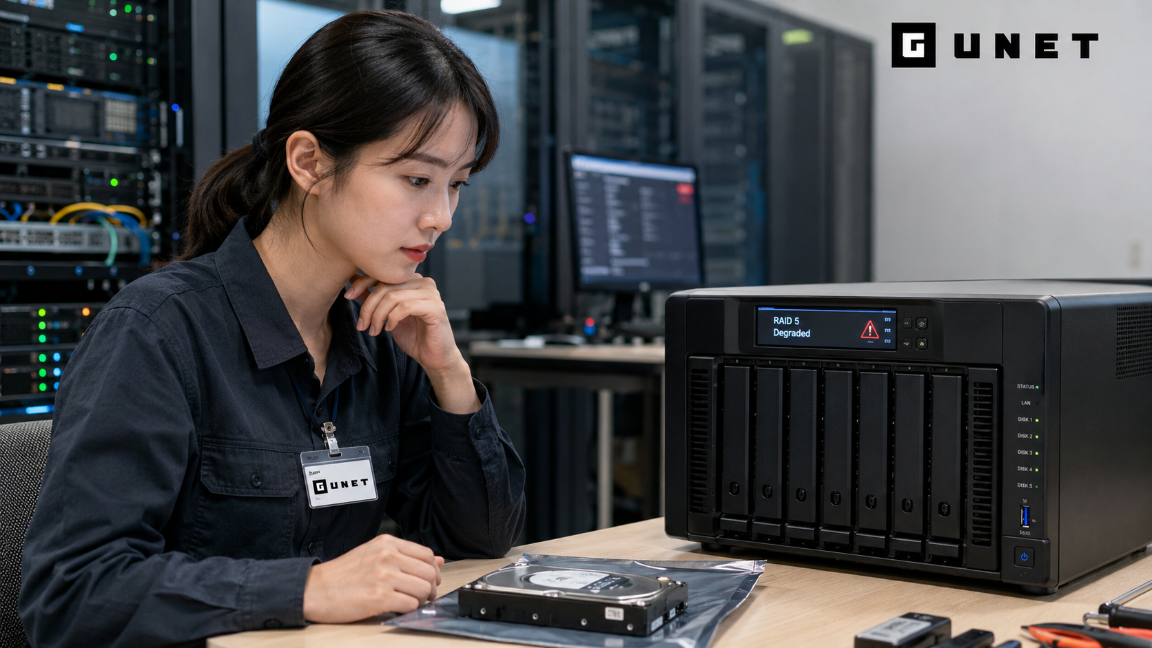 판교 사무실 NAS RAID 복구 전 디스크 순서와 슬롯 번호를 기록하는 장면