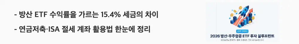 방산, 우주항공 ETF: '방산 ETF 수익률을 가르는 15.4% 세금의 차이'와 '연금저축·ISA 절세 계좌 활용법 한눈에 정리'라는 문구가 포함된 웹배너 이미지. 이 이미지는 국내 방산 ETF와 해외 우주항공 ETF의 과세 구조 차이와 연금저축 IRP ISA 계좌별 절세 전략을 시각적으로 전달하며, 블로그의 방산 ETF 세금 계좌 전략과 관련된 내용을 설명함