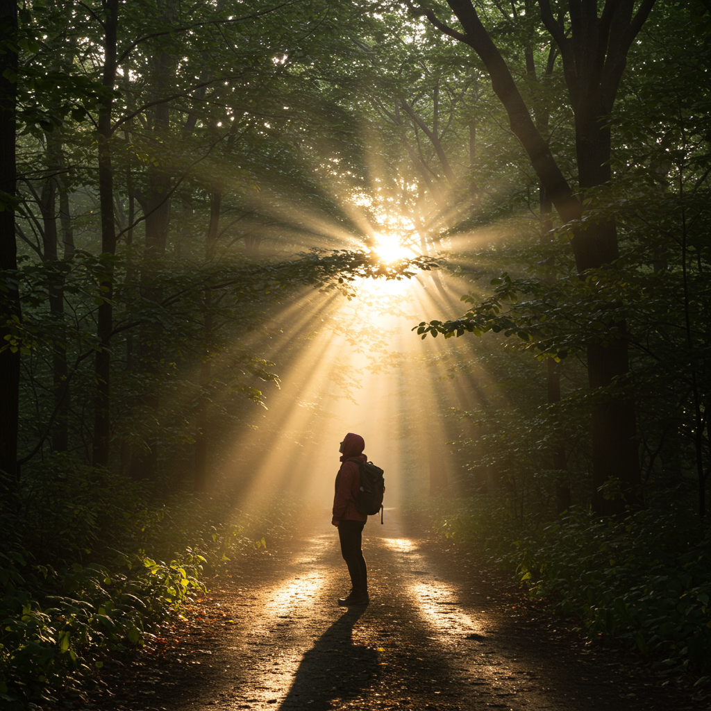 해돋이 숲길의 갈림길에 서서 희망찬 표정으로 앞을 바라보는 사람. 번아웃 극복 후 새로운 시작을 상징.