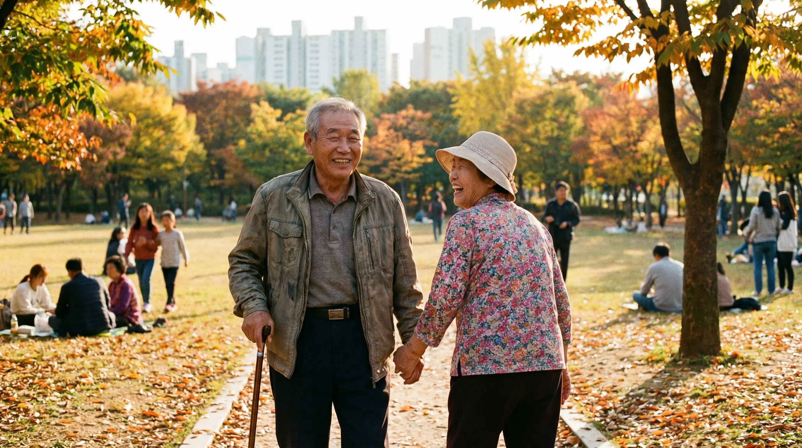 건강을 회복하고 밝게 웃으며 공원을 산책하는 기초생활수급자 노부부의 뒷모습