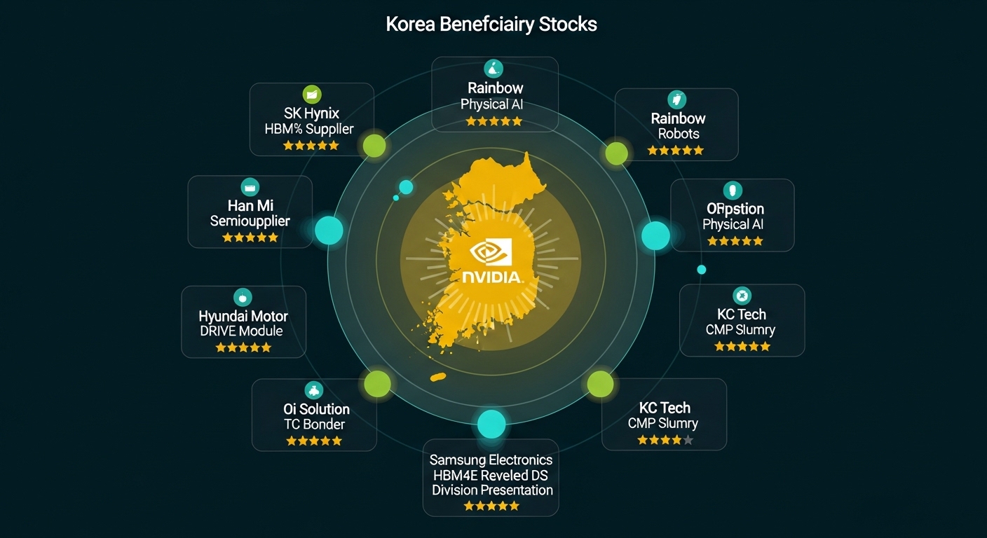 Korea beneficiary stocks NVIDIA GTC 2026 complete map infographic, dark deep teal background, center Korea peninsula outline with NVIDIA logo radiating signal waves, six orbital rings of company cards by sector innermost ring brightest gold SK Hynix HBM4 60 percent supplier Chey Tae-won attended five stars, Samsung Electronics HBM4E revealed DS division presentation five stars, second ring teal Han Mi Semiconductor TC Bonder four stars, Oi Solution CPO optical module four stars, third ring Hyundai Motor DRIVE Hyperion four stars, fourth ring Rainbow Robotics Physical AI three stars, KC Tech CMP slurry three stars, each card shows company name role supply chain and star rating, professional dark financial infographic style