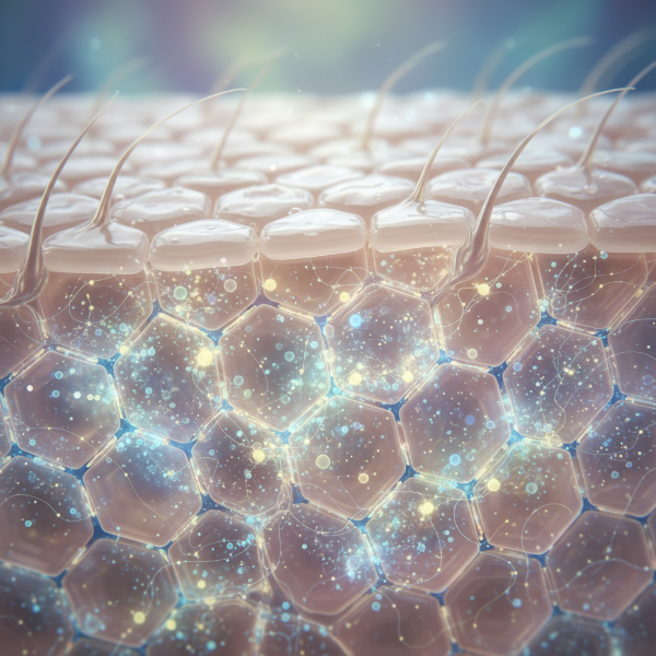 피부 장벽 세포와 유익균이 조화롭게 어우러져 건강한 피부를 보호하는 모습