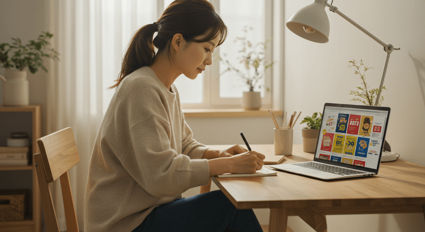 여성이 장보기 목록을 작성하며 온라인 할인행사를 확인하는 모습 1