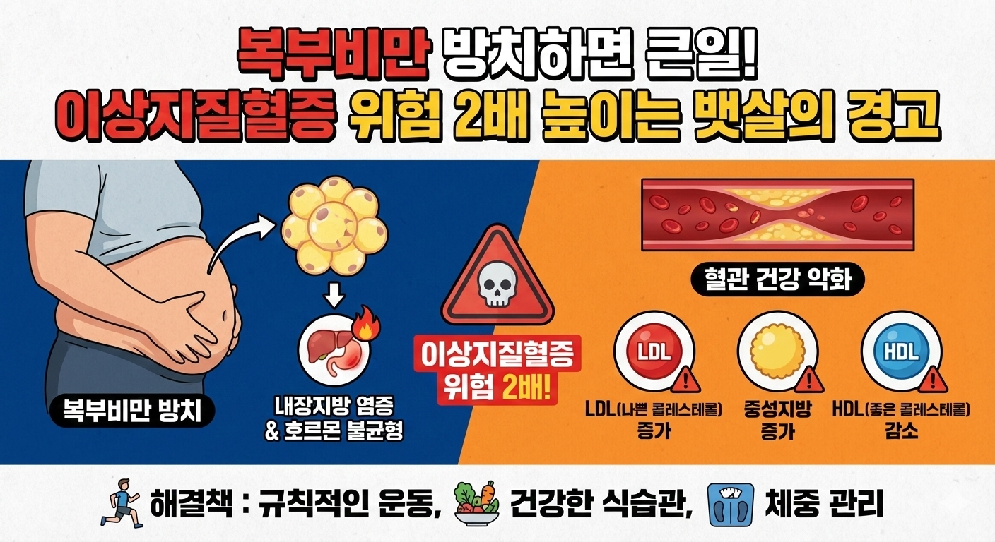복부비만 방치하면 큰일! 이상지질혈증 위험 2배 높이는 뱃살의 경고