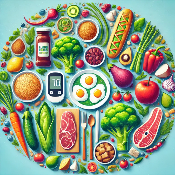 혈당 관리를 위한 채소와 단백질이 포함된 건강한 음식 이미지