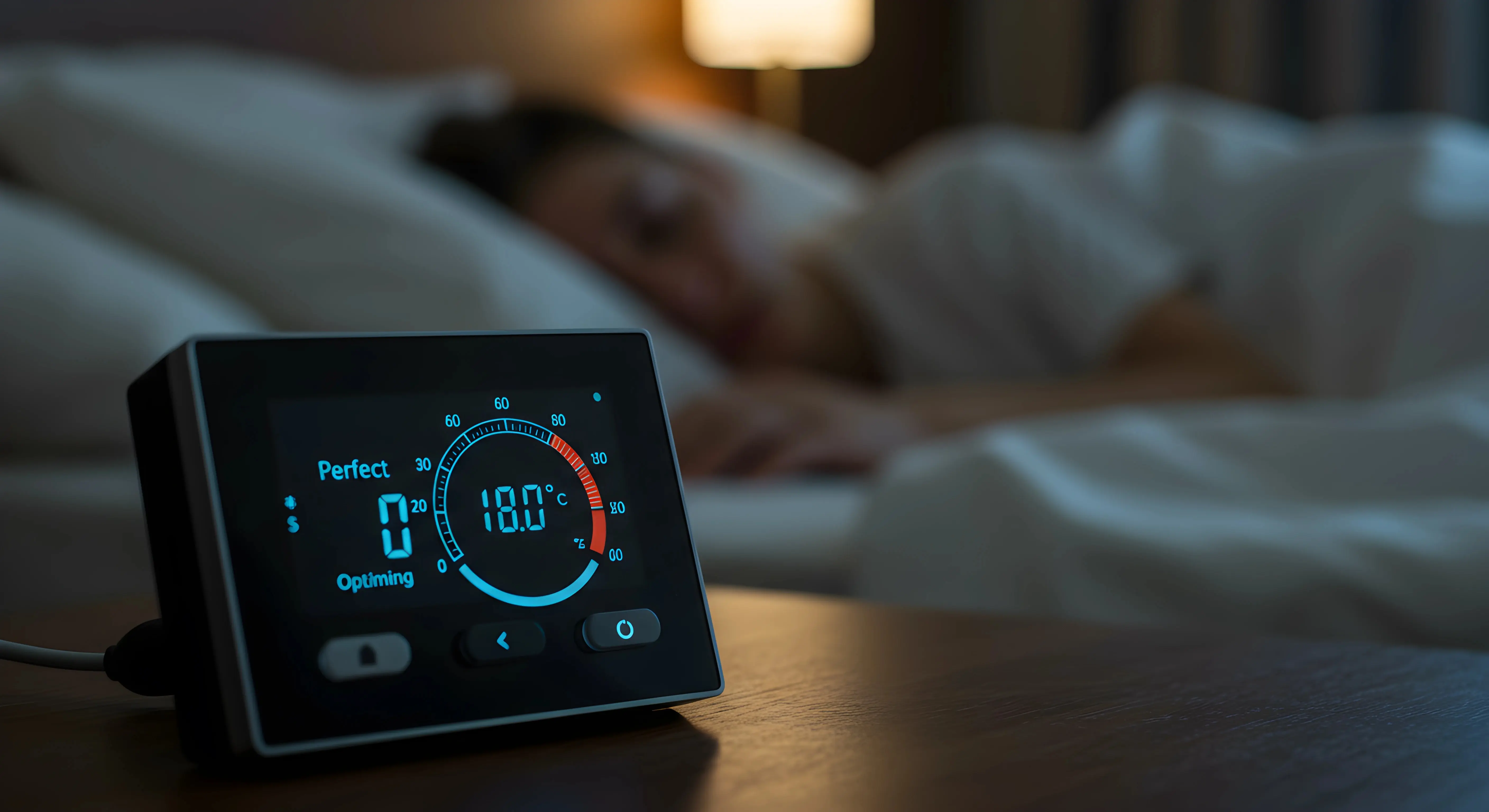 침대에서 편안하게 자고 있는 사람의 흐릿한 실루엣을 배경으로, 전면에는 18.0&deg;C를 표시하는 디지털 온습도계가 놓여 있습니다. 이 장치는 "Perfect"와 "Optimizing"이라는 표시와 함께 최적의 수면 환경을 모니터링하고 있습니다.