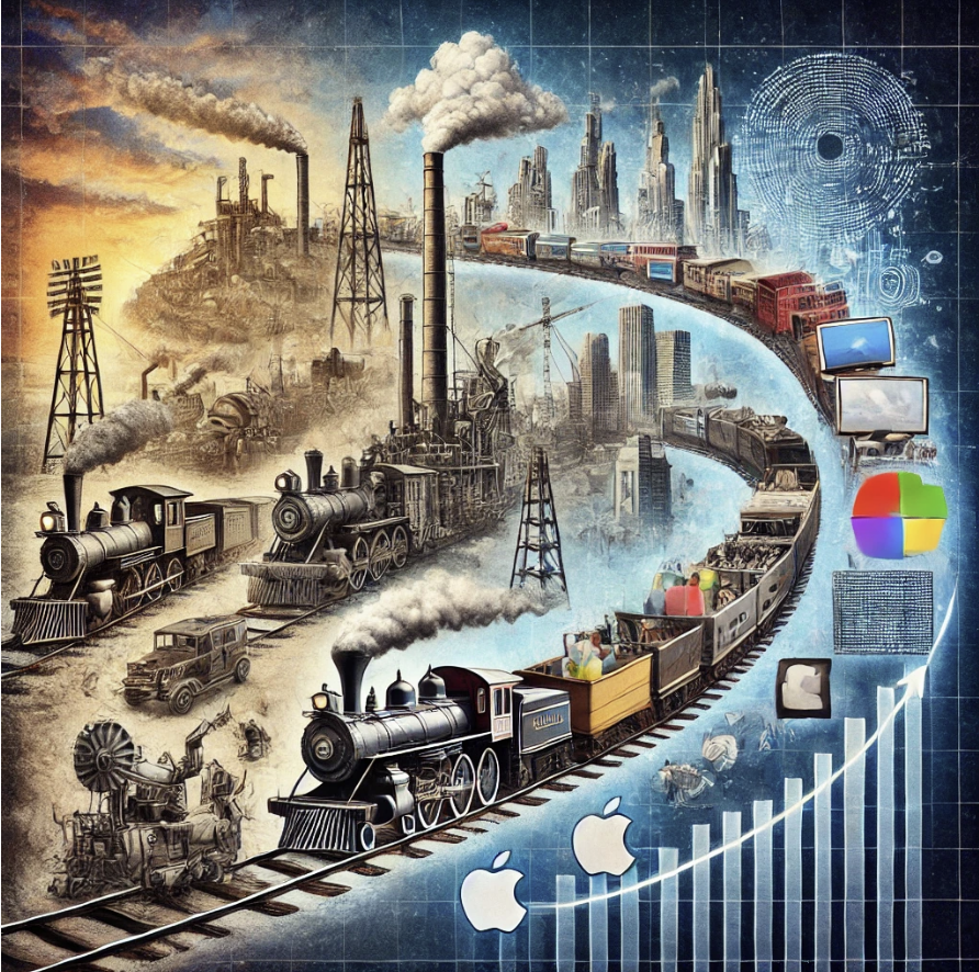 미국 시가총액 상위 10대 기업의 역사적 변화와 산업 패러다임 전환을 연상할 수 있는 이미지