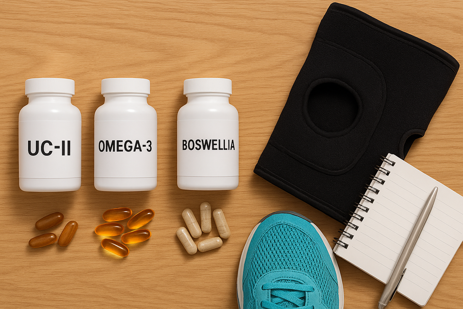 관절 영양제 경로별 선택 가이드를 표현한 실사 썸네일 — UC-II, 오메가3, 보스웰리아, 무릎 보호대와 러닝화 플랫레이