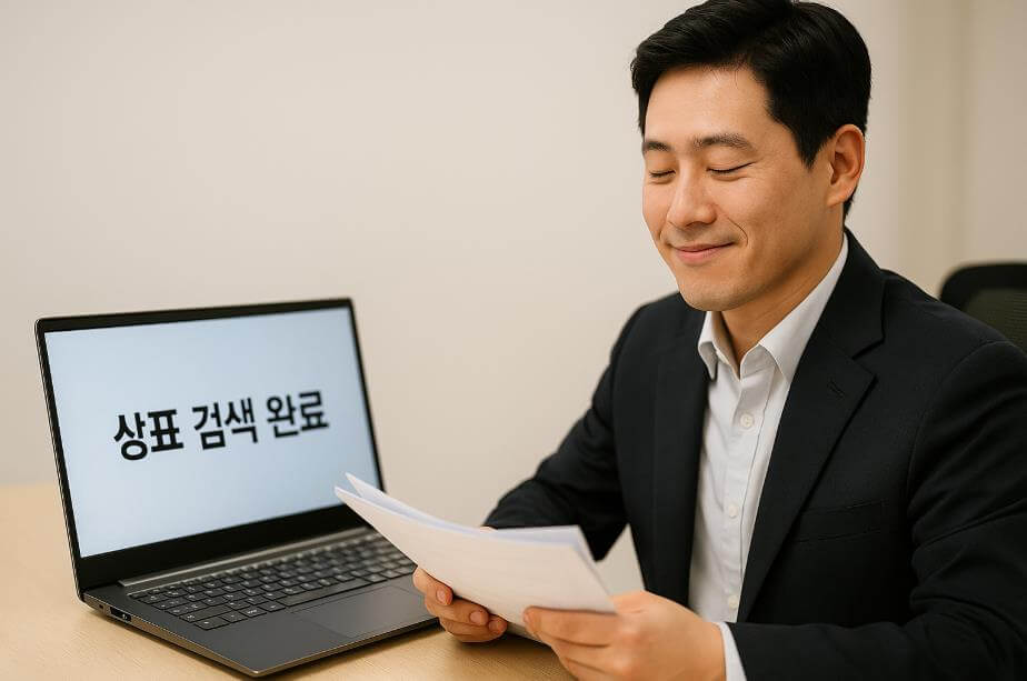 상표 검색을 마무리하며 안도하는 변리사