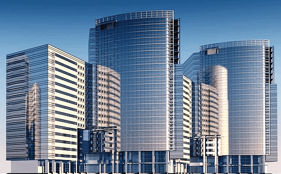 높은 기업 빌딩들이 가득하다. 30층 이상의 신축 빌딩이며 건물색이 파랗다.