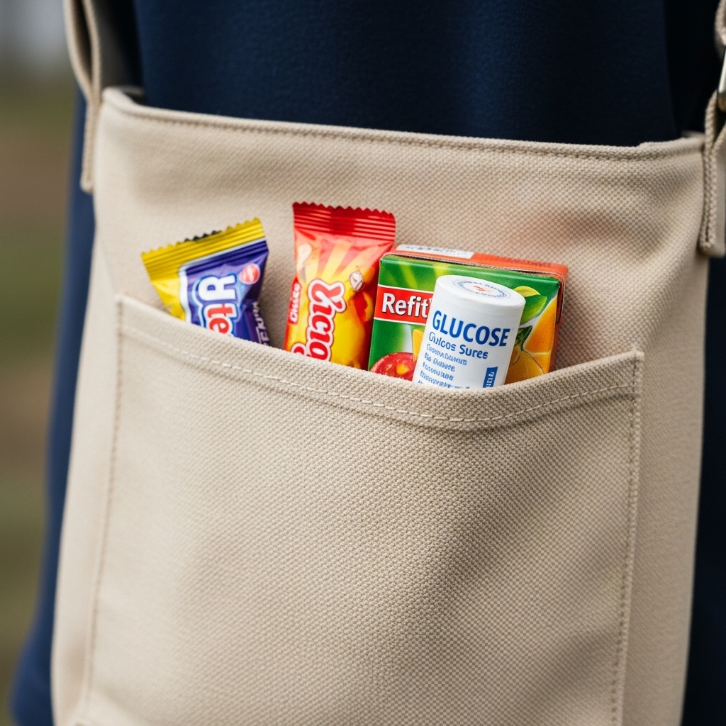 한 여행자의 크로스백 주머니에 사탕, 포도당 캔디 등 저혈당 간식이 들어있는 클로즈업 이미지