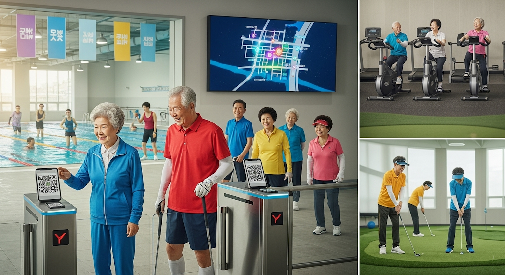 현대적인 캐주얼 운동복을 입은 즐거운 표정의 한국인 어르신들이 수영, 헬스, 파크골프 등 다양한 운동을 하는 모습