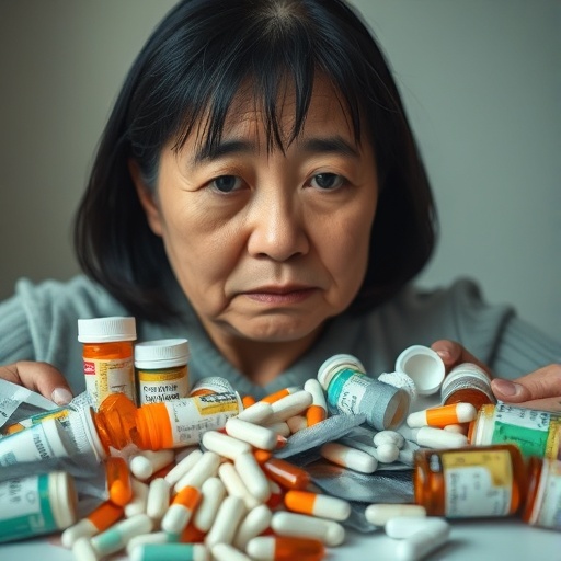 오랫동안 당뇨약을 먹어서 당뇨약이 산더미처럼 쌓여있어서 우울한 중년여성