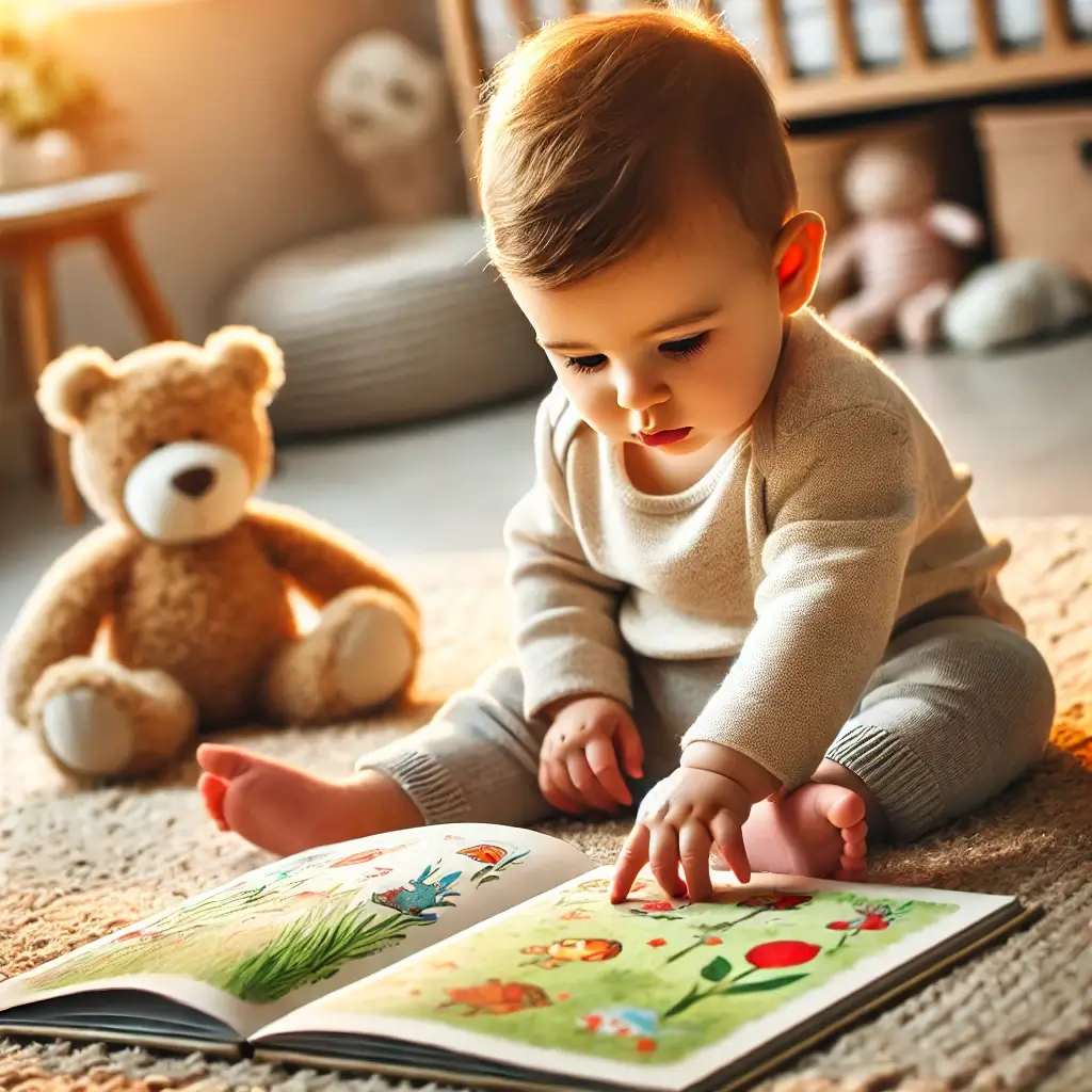 옹알이 촉진을 위해 그림책을 읽고 있는 아기