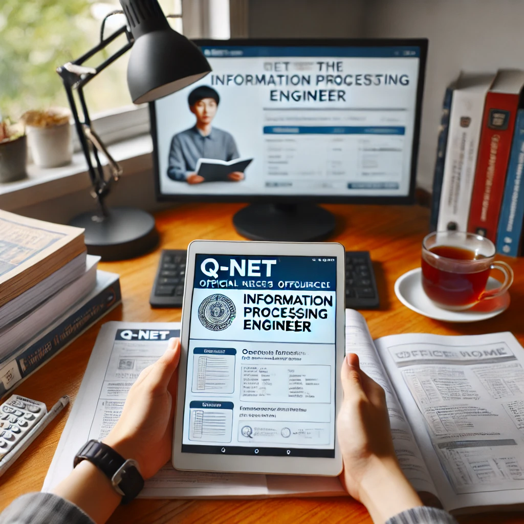 집에서 태블릿으로 Q-net 공식 자료를 확인하며 정보처리기사 시험을 준비하는 학생. 책상에는 자료와 차 한 잔이 정돈되어 있음