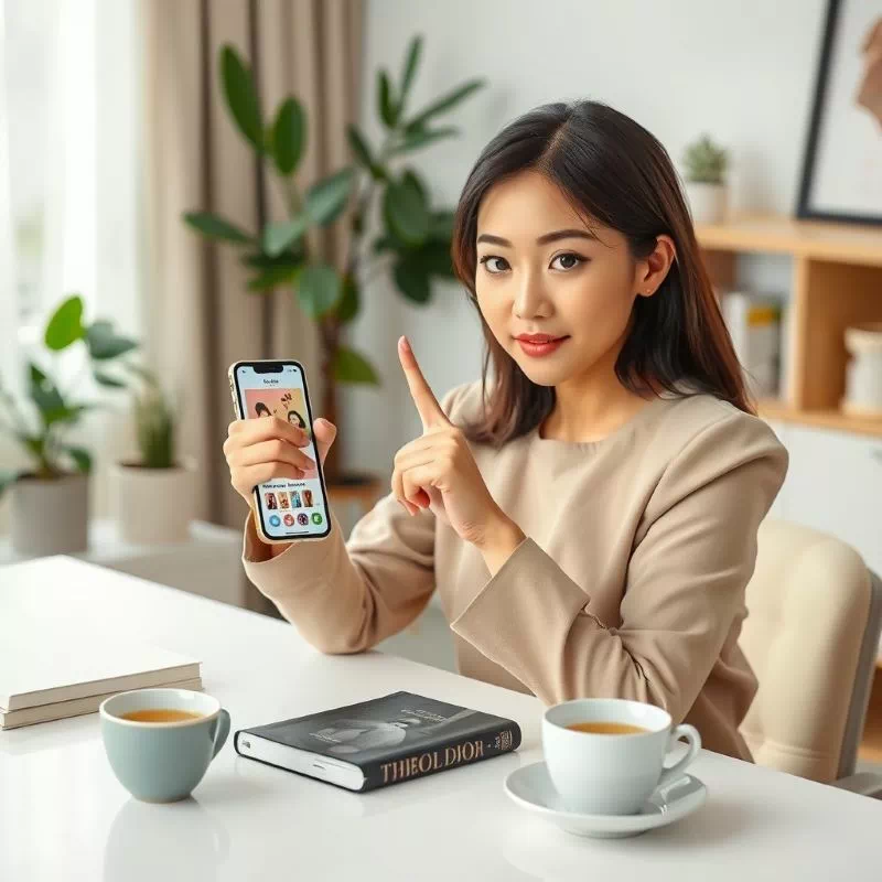 스마트폰 속 쇼핑 광고를 단호하게 거절하는 장면. SNS 디톡스와 광고 차단으로 충동구매 줄이기를 실천하는 모습.