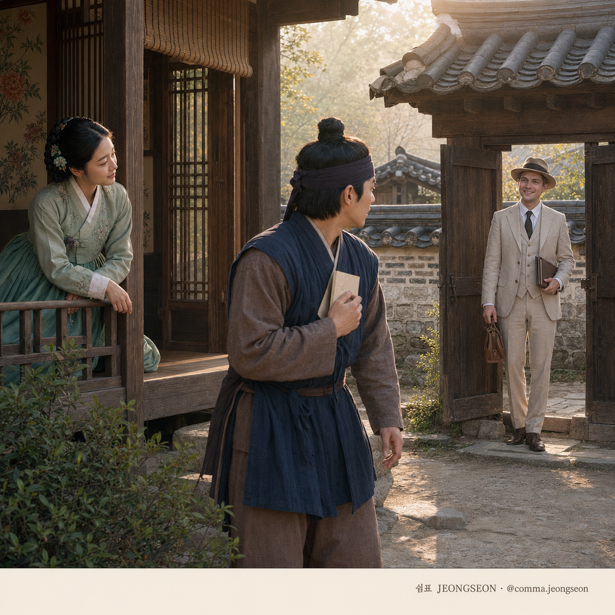 한옥 대문 앞에 외국인 영어 선생이 책과 가방을 들고 서 있고, 윤겸이 자신의 이름이 적힌 종이를 품에 안은 채 놀라 돌아보며, 마님이 툇마루에서 두 사람을 바라보는 장면