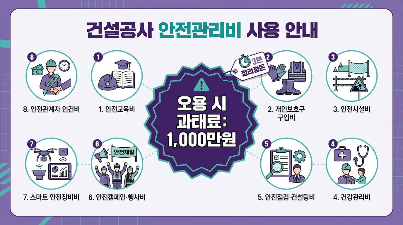 산업안전보건관리비 목적외 사용 시 과태료 1,000만원을 강조한 3분 정리 인포그래픽
