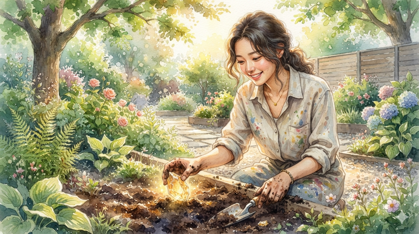 흙 속에서 보석을 발견하는 한국인 여성의 수채화 이미지를 통해 진술충의 개고 현상을 표현