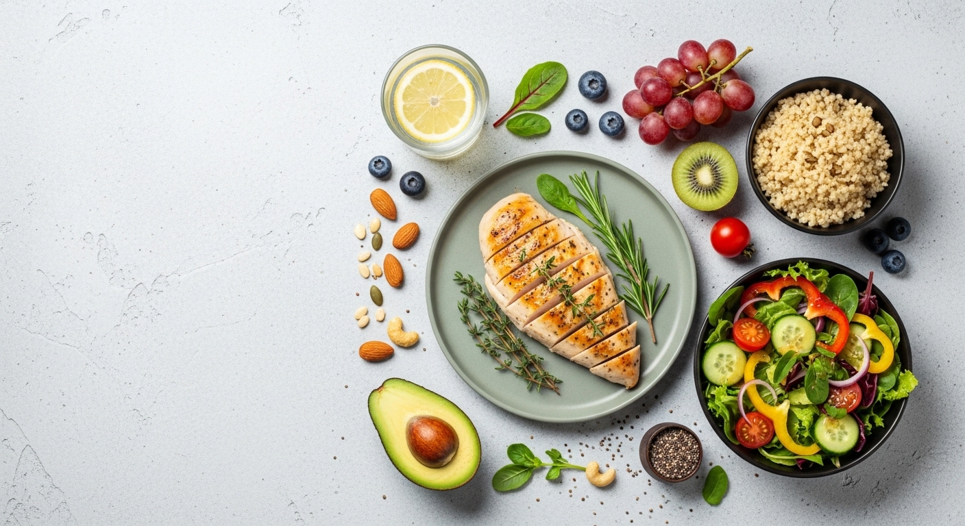 신선한 닭가슴살, 채소 샐러드, 통곡물 등 건강하고 균형 잡힌 식단 재료들이 정갈하게 놓여있는 모습.