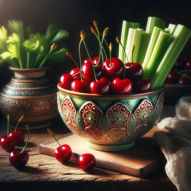 먹음직 스러운 체리와 셀러리가 이쁜 그릇에 정갈히 담겨진 모습